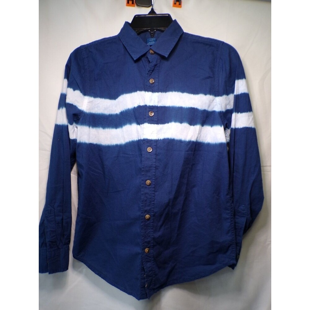 Arizona Jean Co Boys L 14/16 Blue Cotton Button Up Shirt Striped Long Sleeve